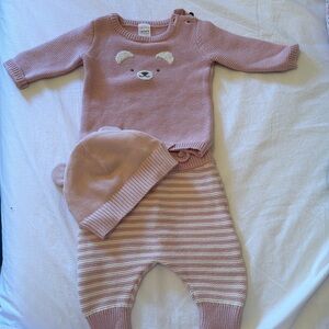 Carter's Pink Knit Bear Sweater & Striped Pants Set